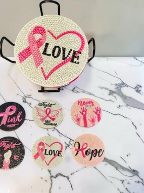 Breast Cancer Coasters Set of 6 with Holder 
Hand Crafted & Sealed 4”